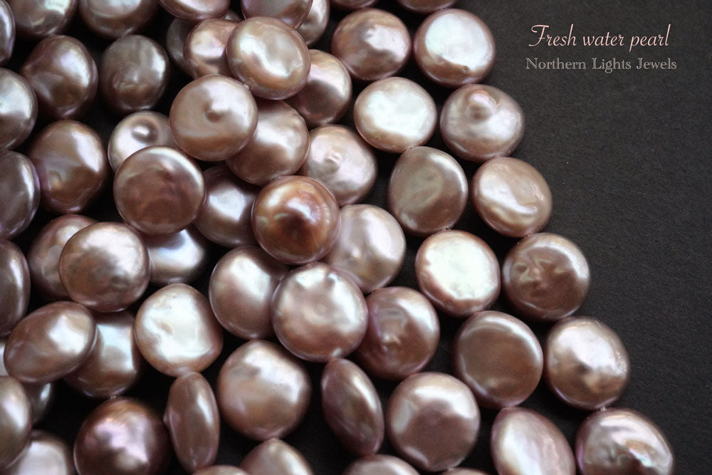(1 row 35 cm, 25 pieces) Freshwater pearl puff coin natural color mauv