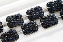 画像をギャラリービューアに読み込む, (2pc/1連)ブラックオニキス レクタングル ダブルホール フラワーカービング