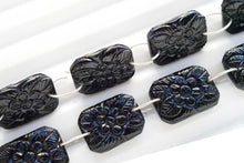 画像をギャラリービューアに読み込む, (2pc/1連)ブラックオニキス レクタングル ダブルホール フラワーカービング