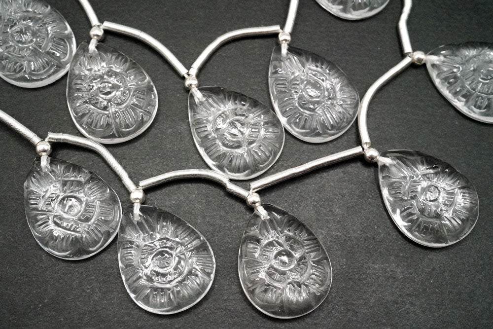 （2/10pc）宝石質　クリスタル　フラワーカービング　ペアシェイプ