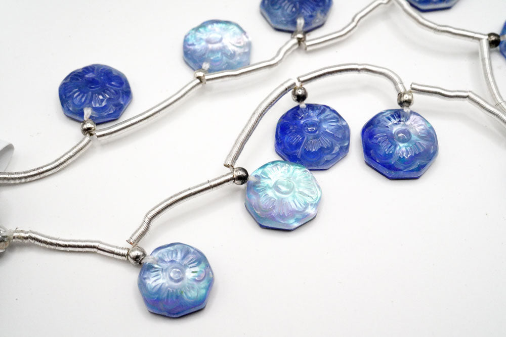 クリスタル+MOP+ラピスラズリ　フラワーカービング　オクタゴン　カボション