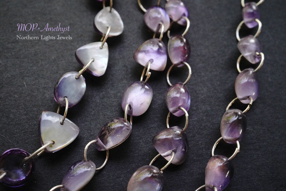 (14 grains) high quality mother of pearl x amethyst doublet mixed shape cabochon double hole